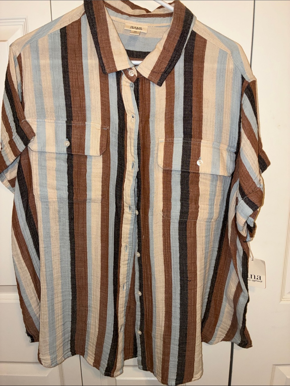 a.n.a Striped Button-Down Shirt in Blue, Brown & Cream